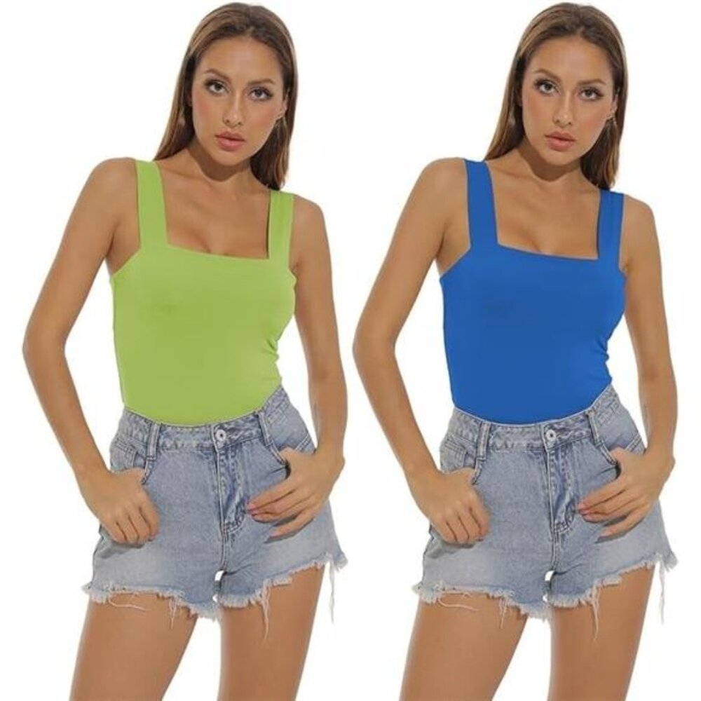 NEW Amilia 2-Pack Basic Solid Sleeveless Crop Tank Tops Green, Blue Women's L